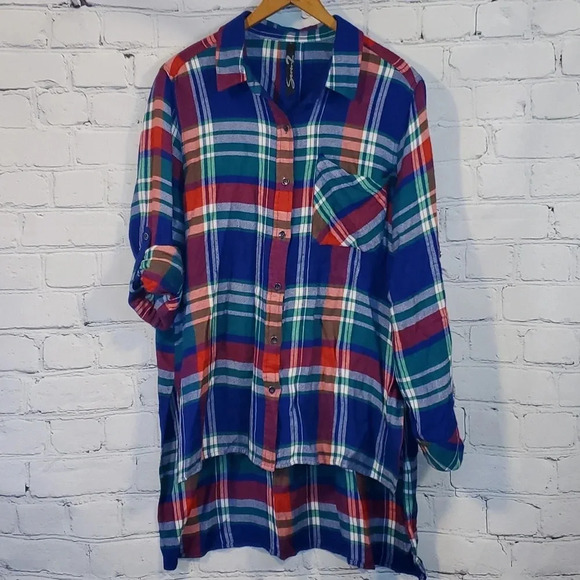 Seven7 Tops - Seven 7 Plaid Flannel Button Down Hi-Low Shirt Size Large